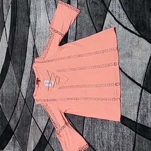 BKE RED HALF-SLEEVE KNIT DETAILS CUT-OUT SHOULDER BURNT CORAL SHIRT VINTAGE